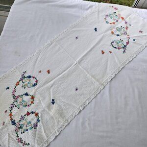 White Vanity Runner with Hand Embroidered Lambs & Flowers with Lace Trim
